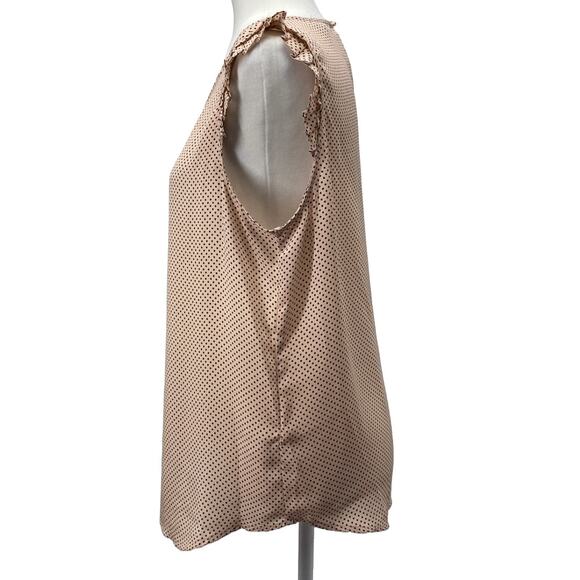 Adrianna Papell Sleeveless Polka Dot Blouse Medium Tan Black Ruffle Work Top - Picture 2 of 12